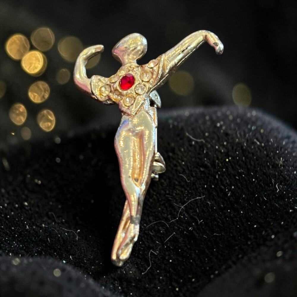 Vintage Dancing Lady Brooch Red Rhinestone Gold Tone Figural Pin